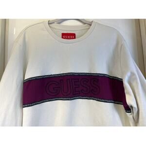 GUESS Mens L White /Purple Black Logo Casual Sweater